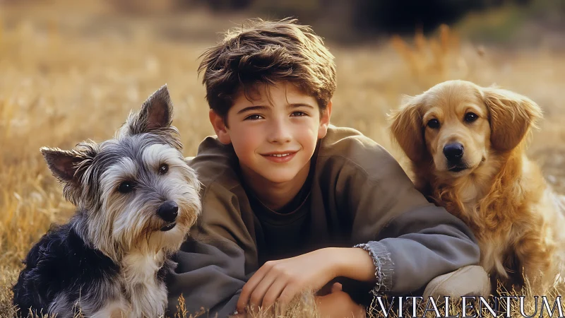 Boy with Two Dogs in Field.