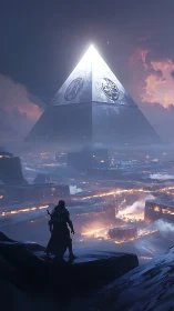 Solitary figure observing illuminated pyramidic megastructure.