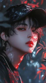 Nocturnal portrait under red dappled foliage lighting.