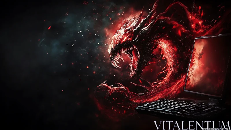 Digital fire dragon erupts from gaming laptop in dark void