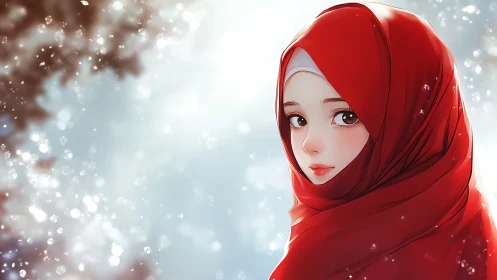 Winter light gathers softly around the girl in red hijab
