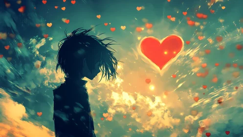 Silhouetted dreamer beneath radiant sky of hearts.