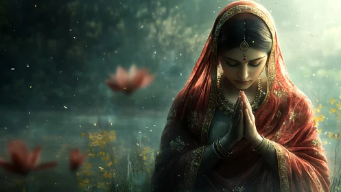 Riverbank reverie of a veiled woman wrapped in quiet prayer.