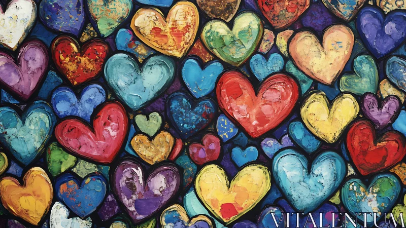 Rendered heart shapes display various colors and weathered surface finishes.