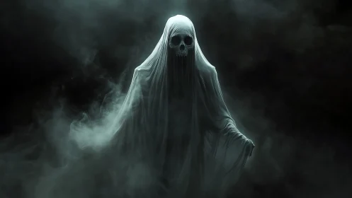 Hooded skeletal specter rendered in low key digital art.
