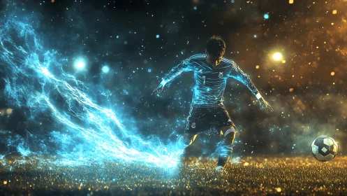 Electric soccer striker charging luminous ball on field.