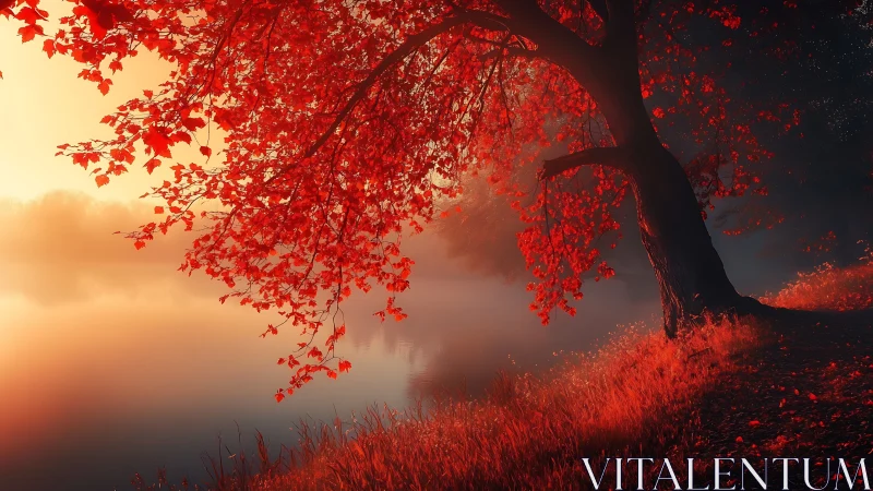 Backlit red maple over misty lake rendered in warm hues