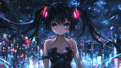 Neon nightcode idol wired into a dreaming megacity skyline.