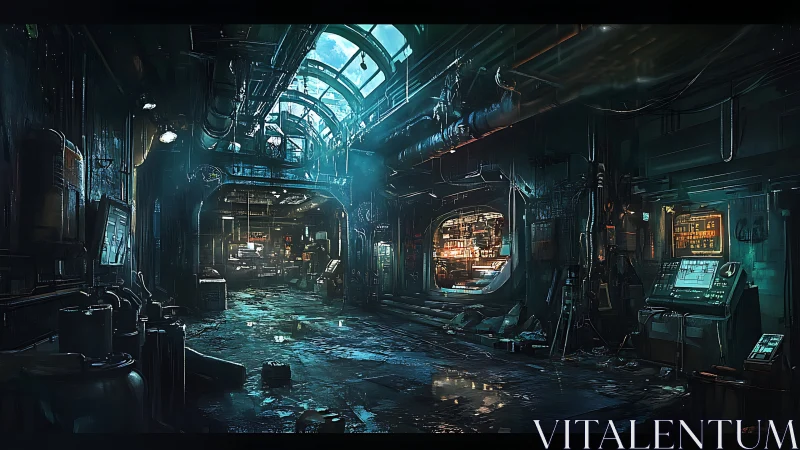 Neon soaked starship corridor hums with secret circuitry.