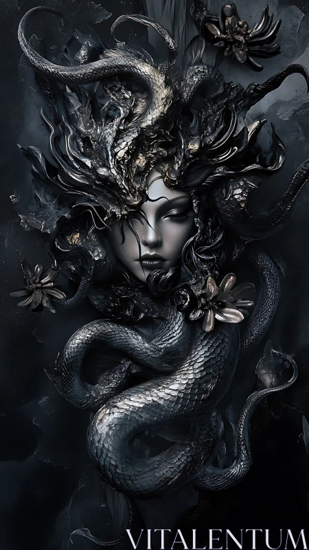 Serpentine goddess emerges from shadowed metallic bloom.