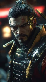 Steely eyed cyber samurai stands strong in neon city light
