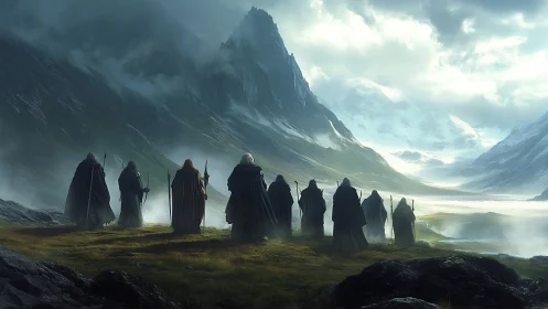 Cloaked wanderers crossing a mist-lit valley of jagged peaks.
