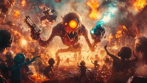 Giant cyclopean monster rampages through burning cityscape.