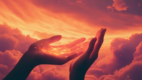 Hands cradling ethereal light in flaming sunset sky.