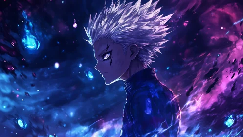 White haired anime boy stands in glowing blue purple energy field