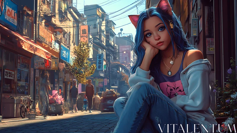 Blue haired cat girl rests in neon lit urban side street.