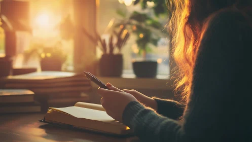 Backlit writer composing notes in warm sunset bokeh glow.