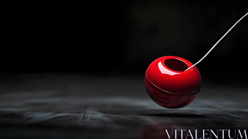 Red spherical bead suspended on cord against dark ground.