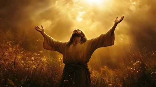 Photorealistic spiritual figure under dramatic golden backlight.