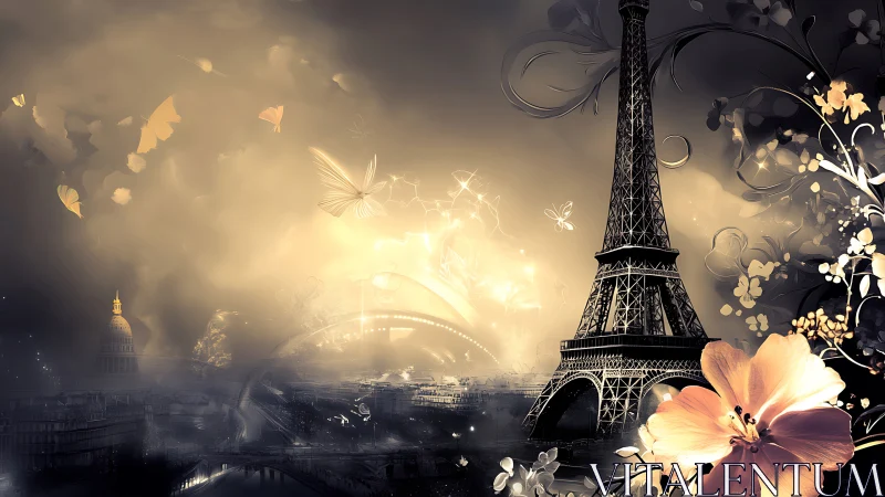 Dreamy Paris skyline glows with butterflies and soft blossoms