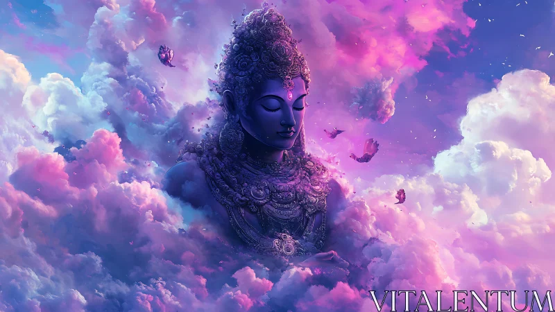 Celestial blue deity meditates within radiant violet clouds