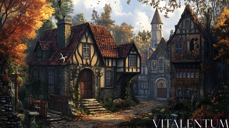 Autumn-clad fairytale village glows in warm, wandering light.