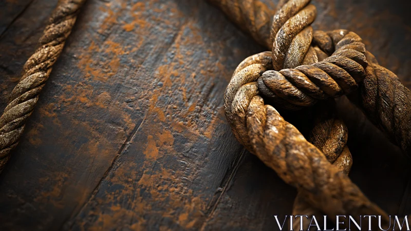 Weathered rope knot rests on rustic, timeworn wood surface.