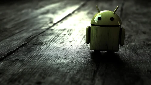 Lonely android mascot under dramatic spotlight on wood.