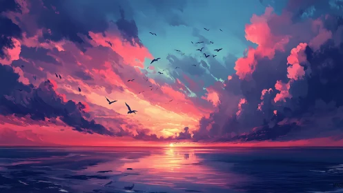 Sunset sky ignites mirrored ocean with vivid pink clouds.