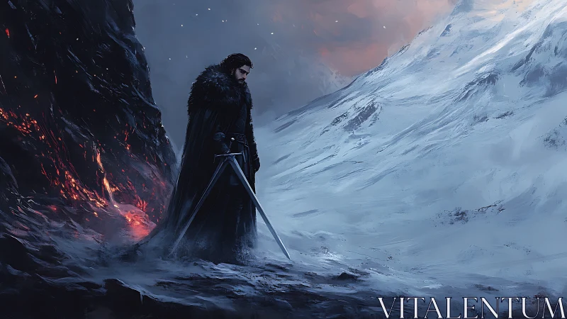 Lone cloaked warrior with sword on frozen volcanic pass.
