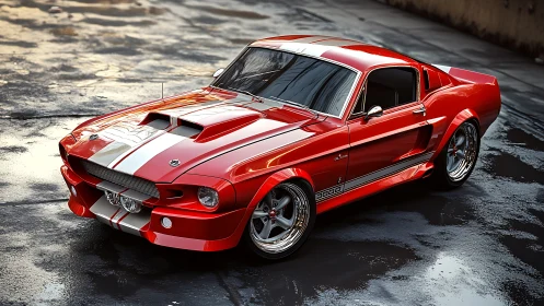 Red classic muscle car on wet asphalt with racing stripes.