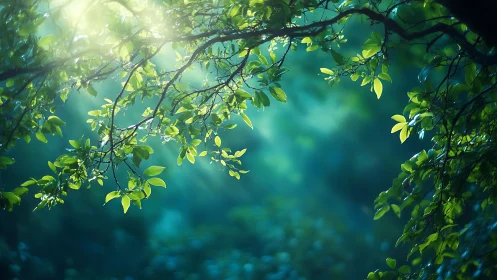 Sunlit forest tree branches with vibrant green leaves in soft focus.