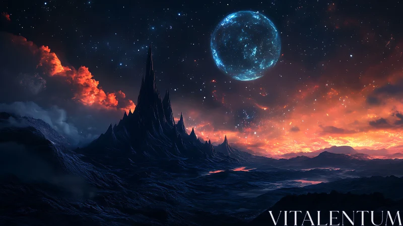 Extraterrestrial basalt spires under luminous cerulean moon.