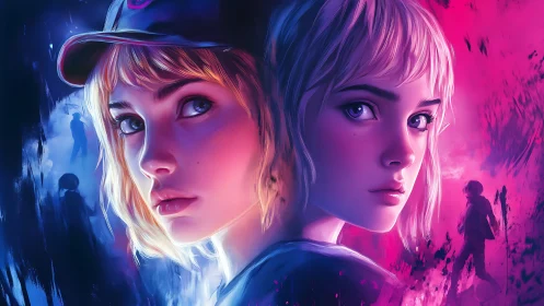 Twin blonde girls in neon blue and pink dramatic lighting.