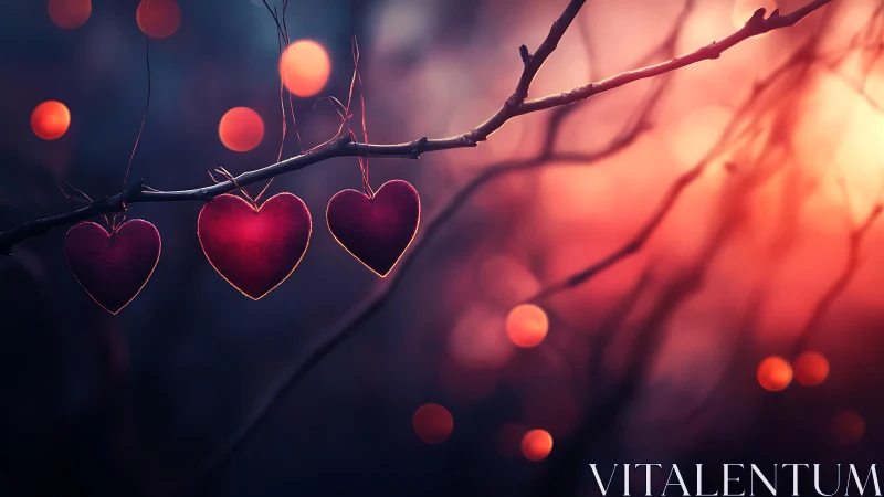 Heart-shaped ornaments suspended from tree branch with bokeh lighting