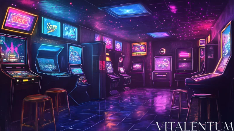 Neon-lit retro arcade glows under a dreamy starry ceiling.