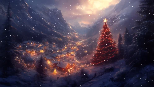 Starlit alpine village crowned by a towering crimson Christmas tree.
