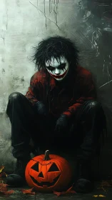 Moody clown figure with jack-o-lantern in grunge alleyway.