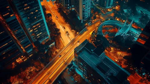 Neon-lit urban overpass junction with teal orange night grading