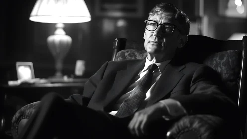 Pensive gentleman in lamplit shadows of a quiet study.