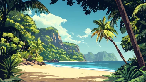 Tropical coastal landscape with mountain formations and palm vegetation