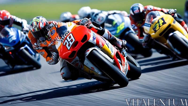 Riders leaning into speed on a sunlit motorcycle racetrack.