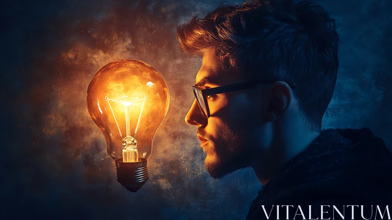 Portrait of man facing glowing light bulb concept art.