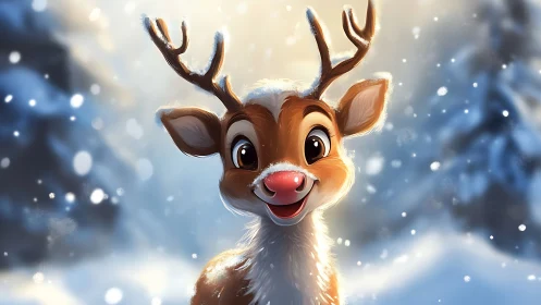 Smiling cartoon reindeer glows in soft winter snowfall.