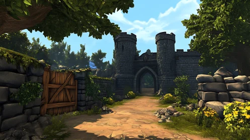 Medieval stone castle gate on sunny forest path scene.