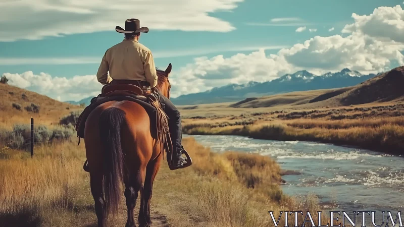 Lone cowboy on horseback surveys winding mountain river valley.