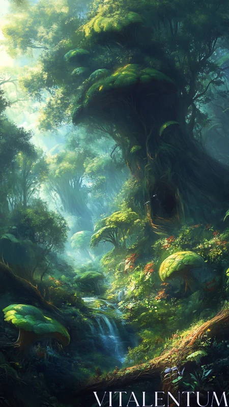 Luminous Forest Grove with Cascading Waterfall.