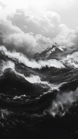 Stormy black ocean waves crash before distant snowy peaks.