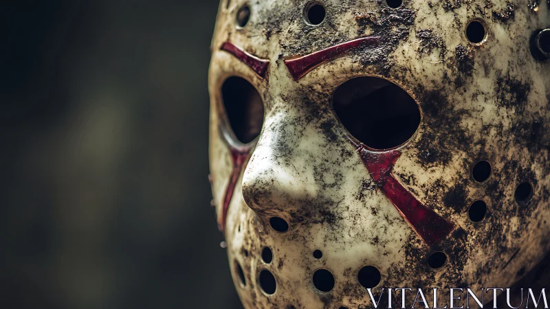 Grimy slasher goalie mask brooding in shallow forest gloom.