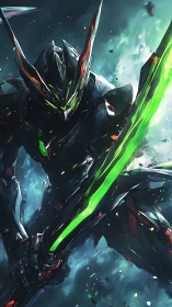 Neon blade guardian standing firm in a swirling storm.